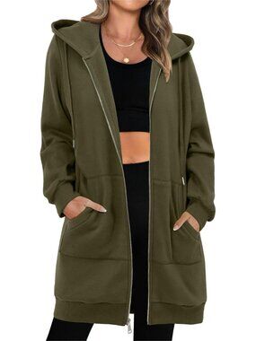 Women Army Green Oversized Shirts Casual Hooded Neck Long Sleeve Fall Jacket